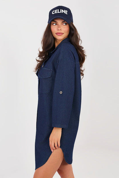 navy blue long sleeve day dress detail view