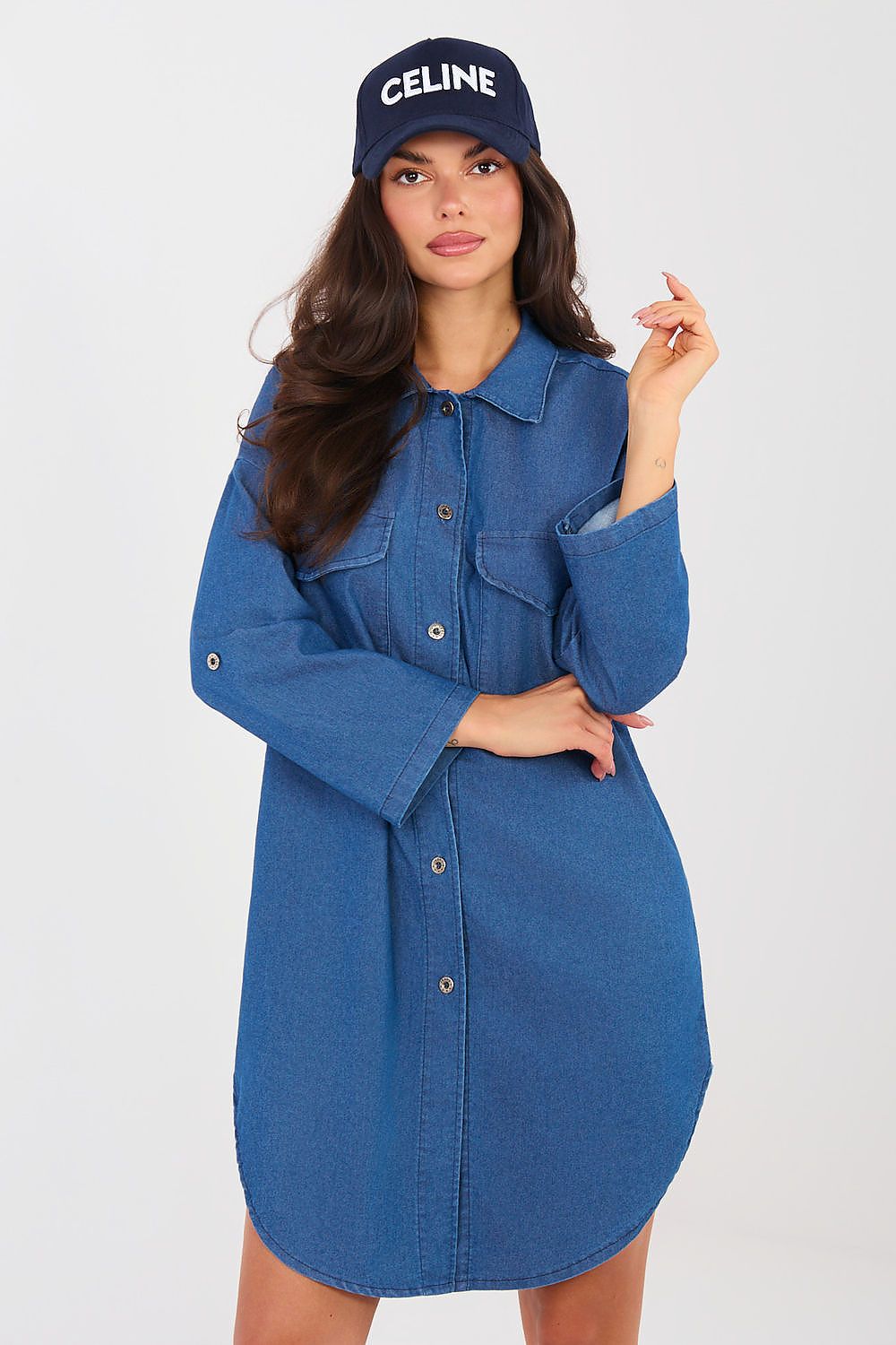 navy blue long sleeve day dress side view