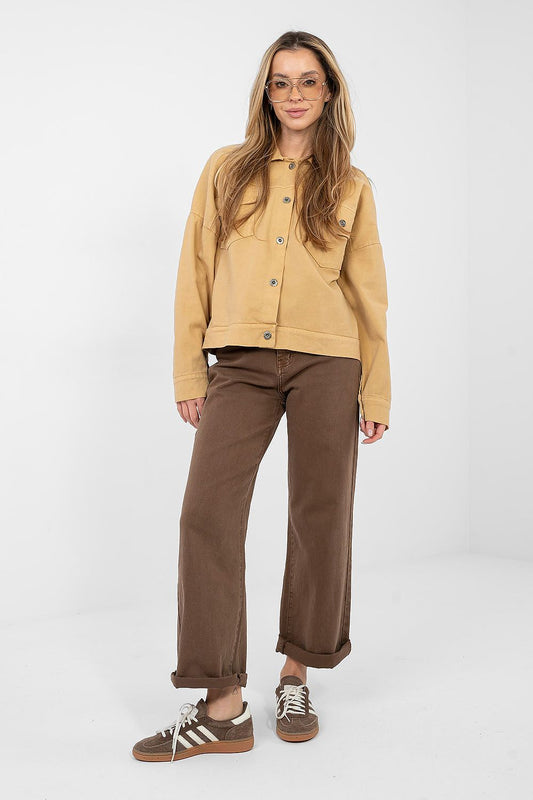 brown long sleeve denim jacket front view