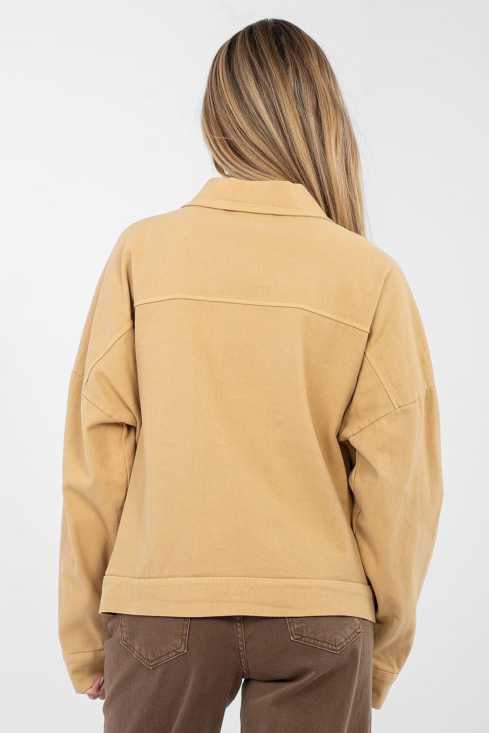 brown long sleeve denim jacket detail view