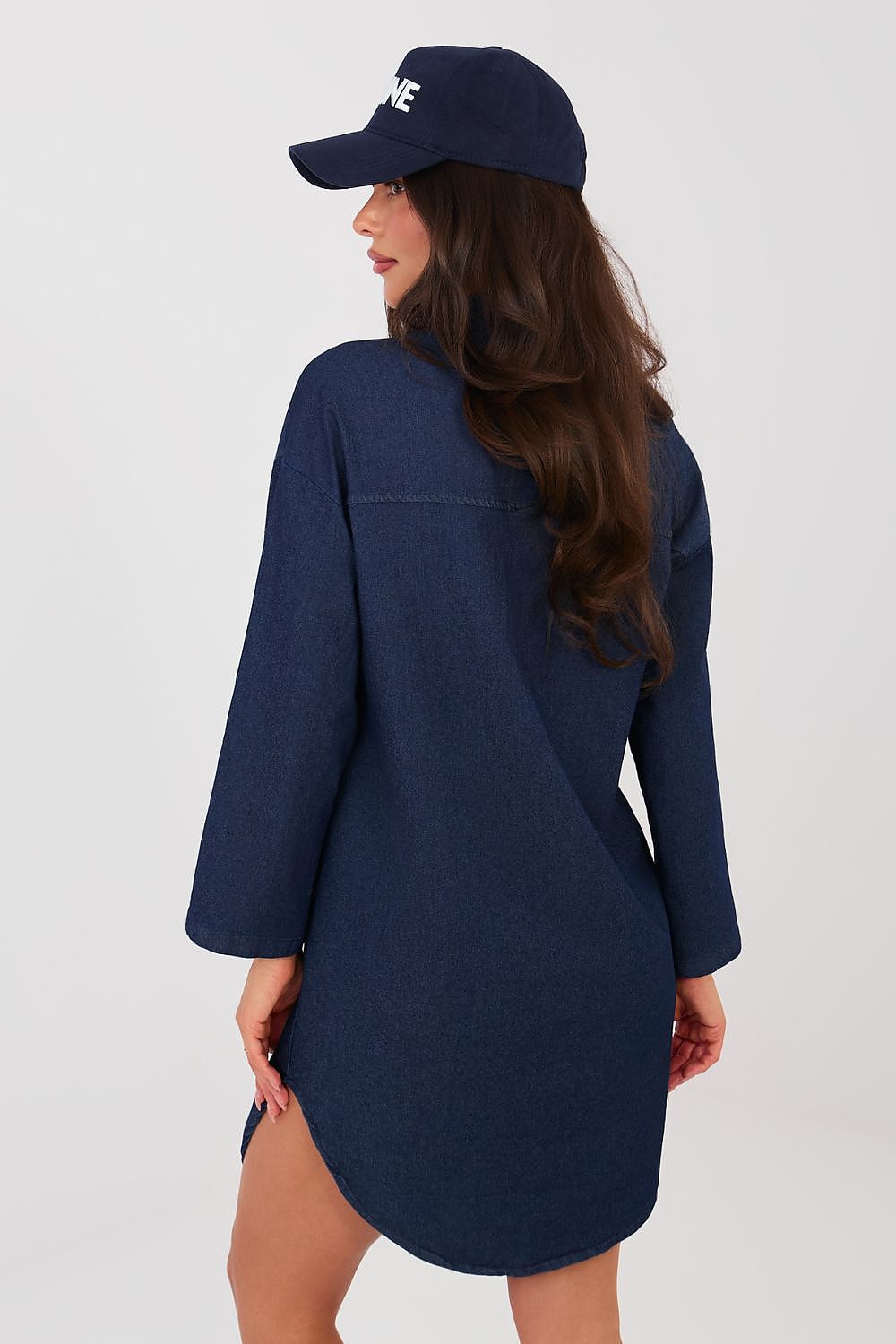 navy blue long sleeve day dress back view