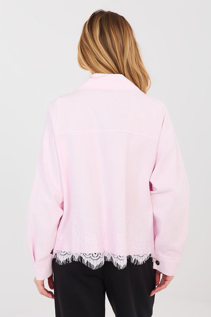 pink lace long sleeve denim jacket detail view