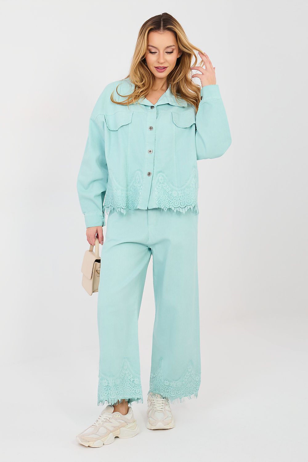 pink lace long sleeve denim jacket side view