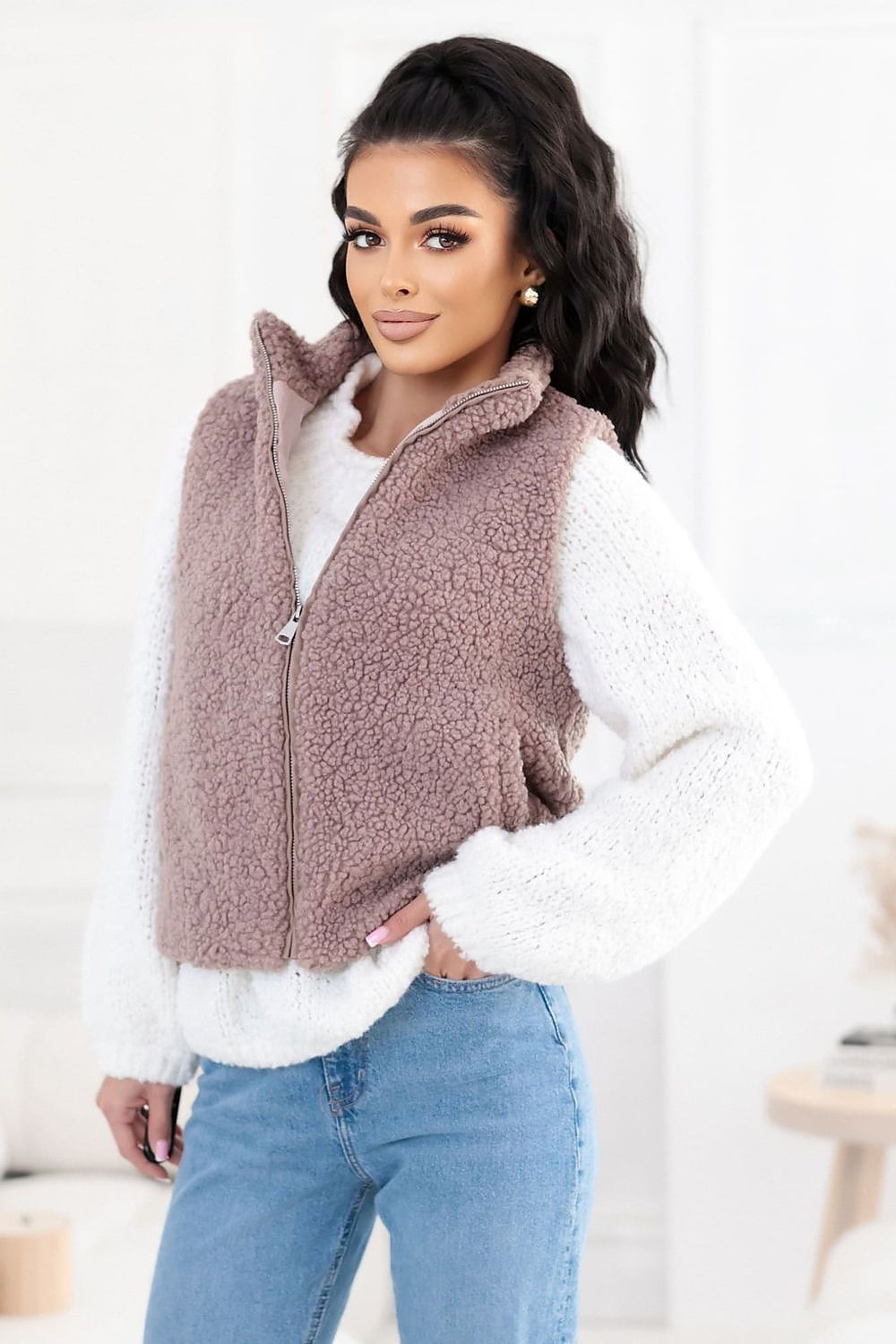 beige sleeveless gilet back view