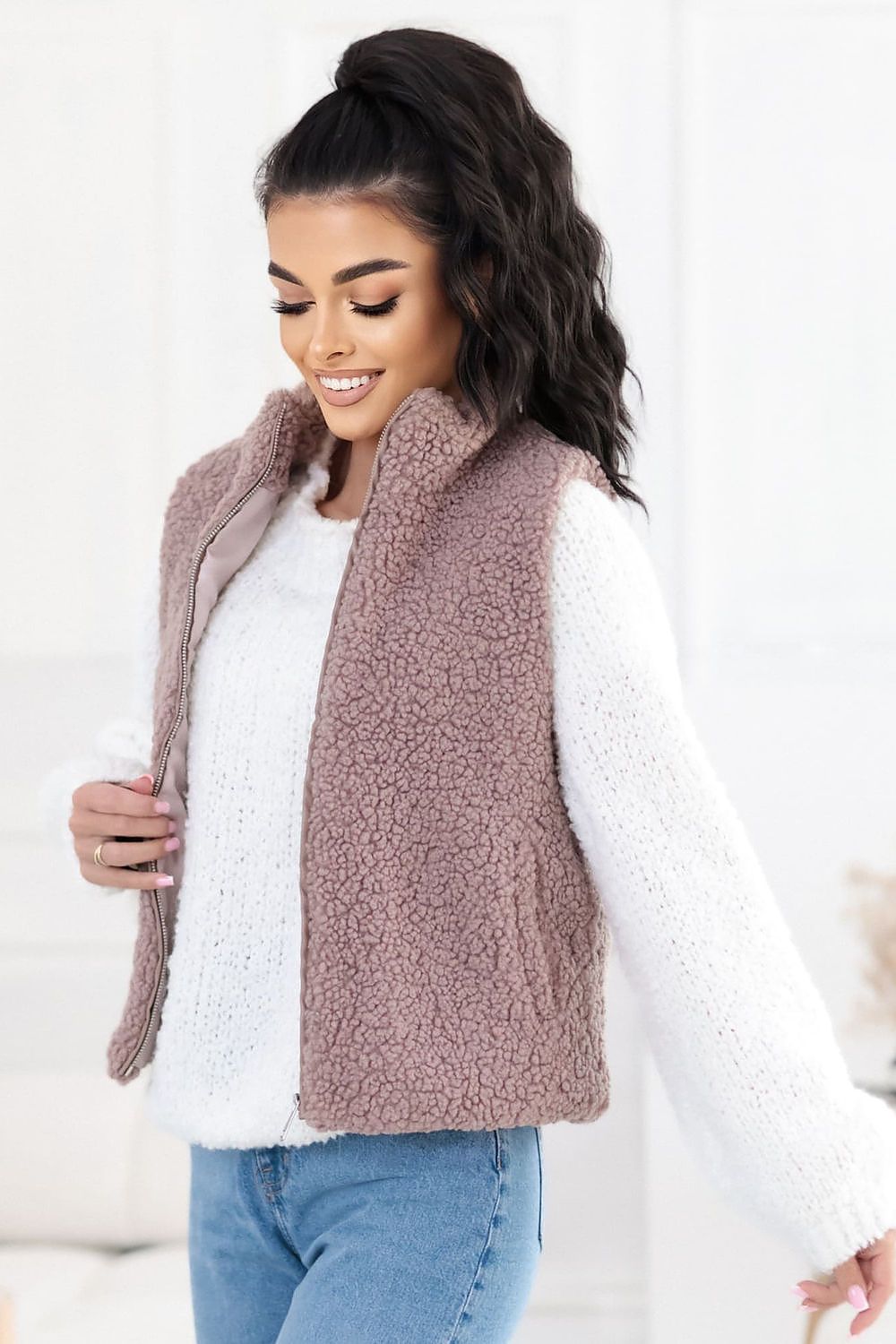 beige sleeveless gilet side view