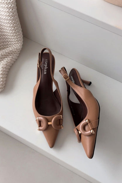 Women's Brown, Black, and Beige Faux Leather Strap Detail Heeled Sandals front view