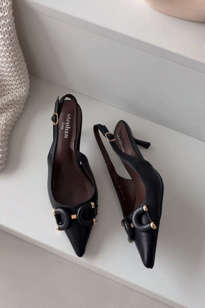 Women's Brown, Black, and Beige Faux Leather Strap Detail Heeled Sandals back view