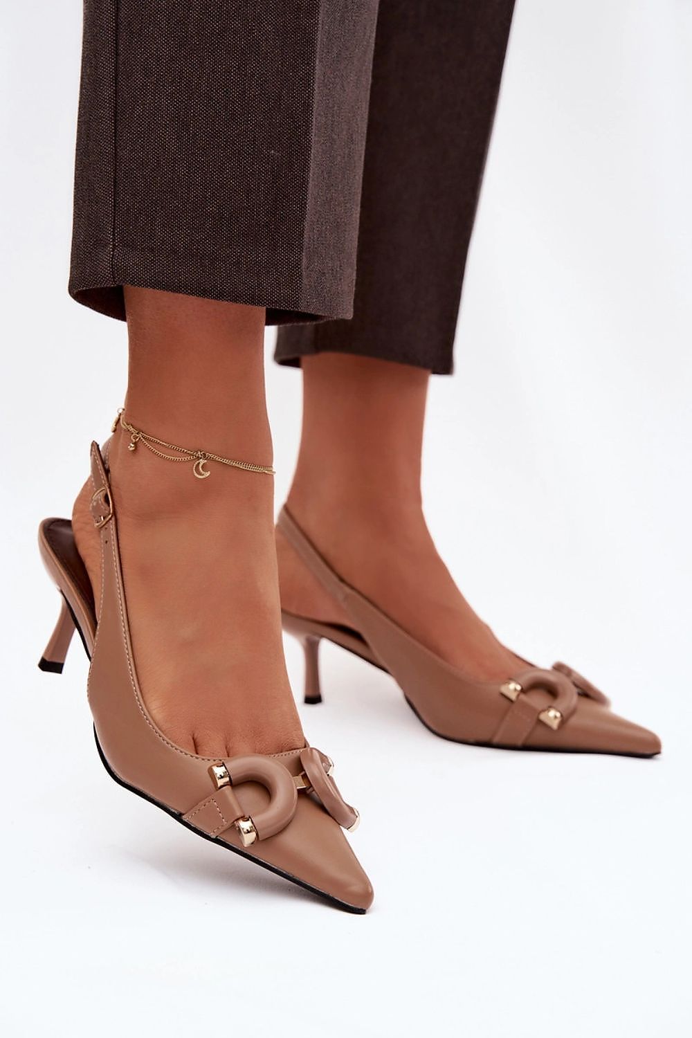 Women's Brown, Black, and Beige Faux Leather Strap Detail Heeled Sandals side view
