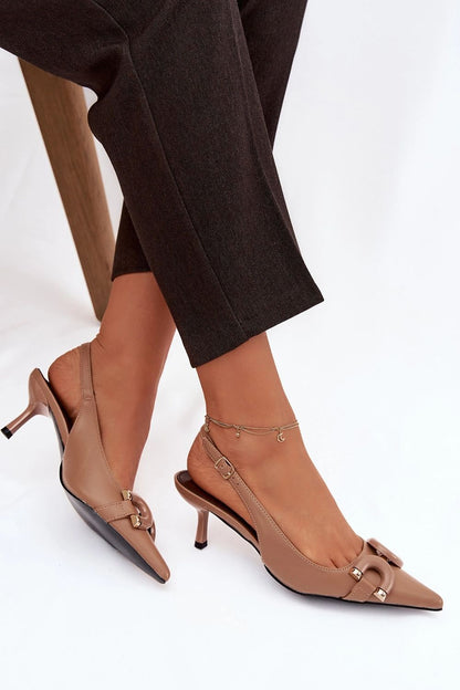 Women's Brown, Black, and Beige Faux Leather Strap Detail Heeled Sandals detail view