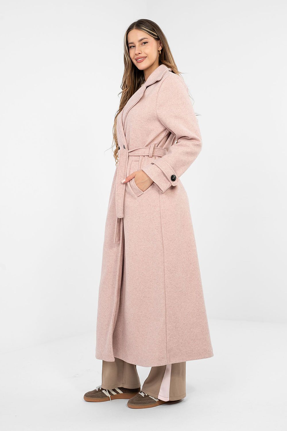 black belted coat side view