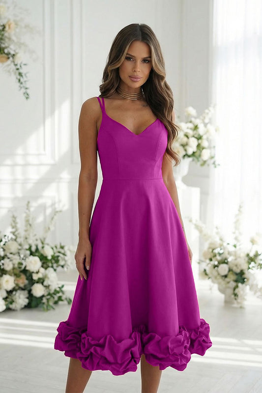 violet flared ruffle evening dress front view