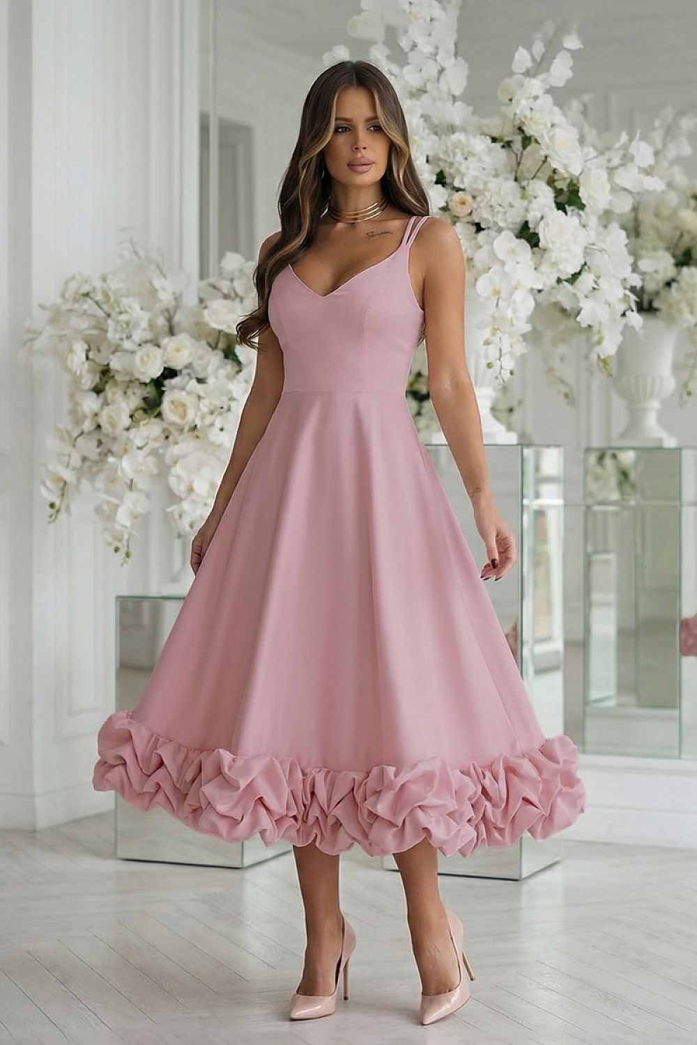 violet flared ruffle evening dress alternate angle