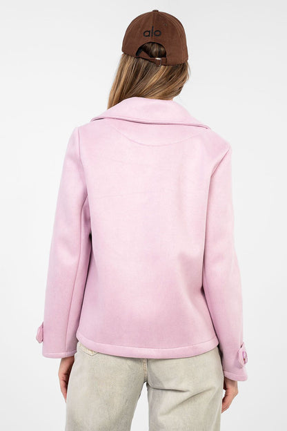 pink belted long sleeve coat detail view