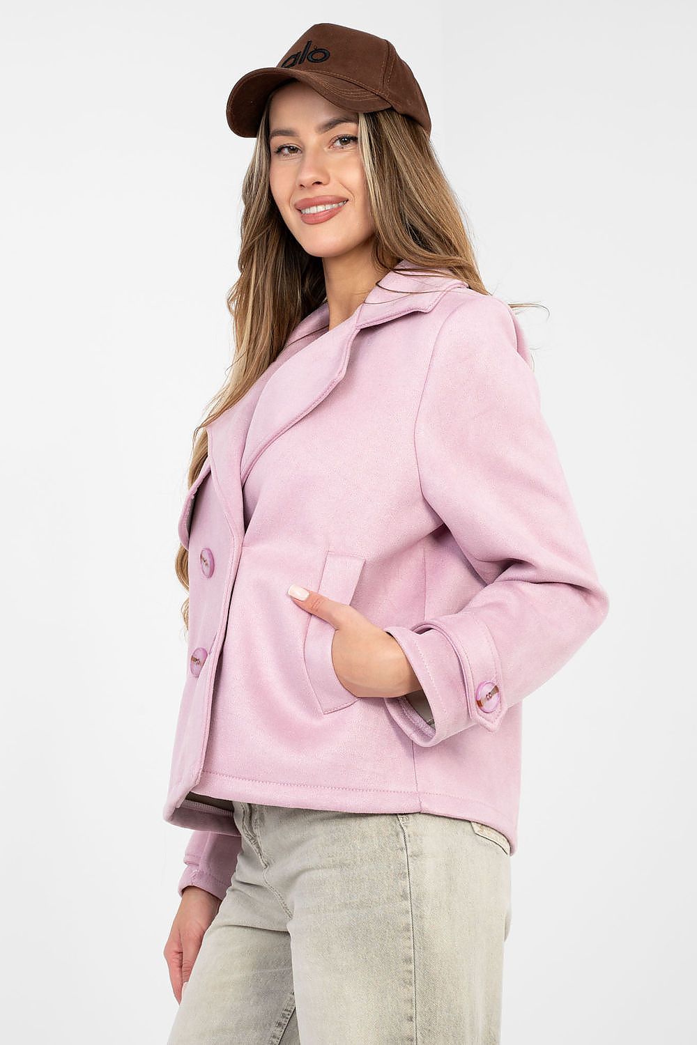 pink belted long sleeve coat back view