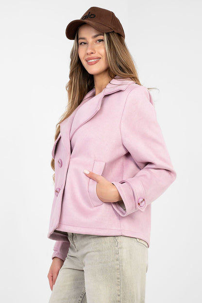 pink belted long sleeve coat back view
