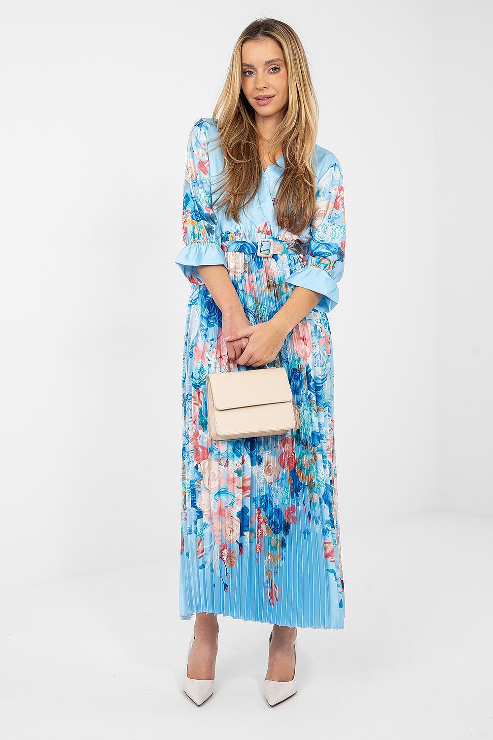 blue pleated wrap day dress front view