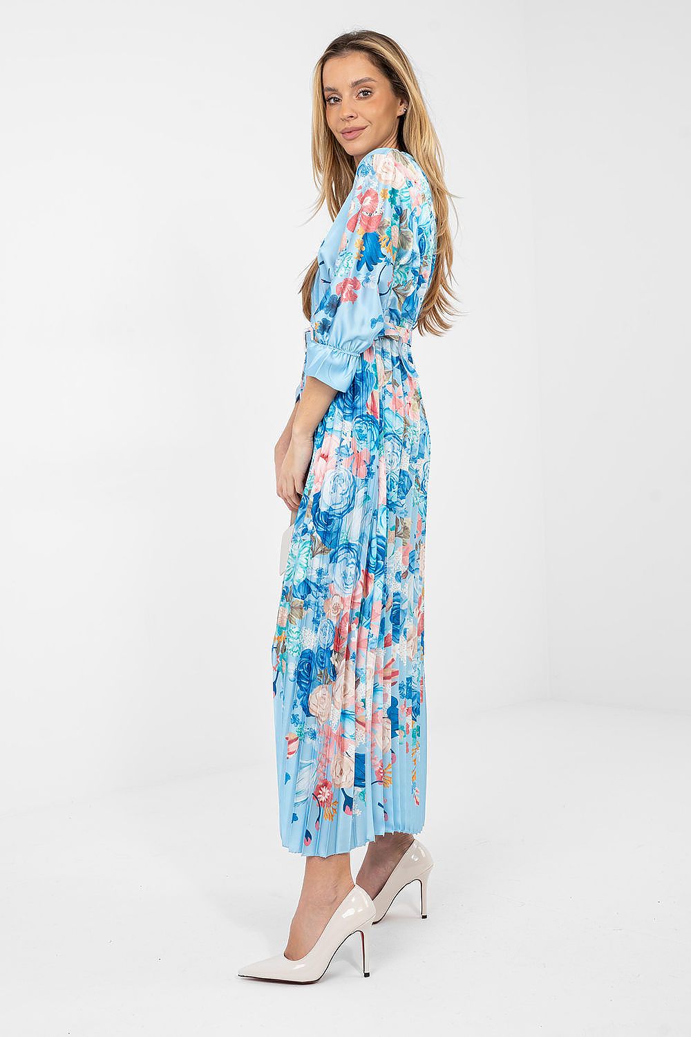 blue pleated wrap day dress alternate angle