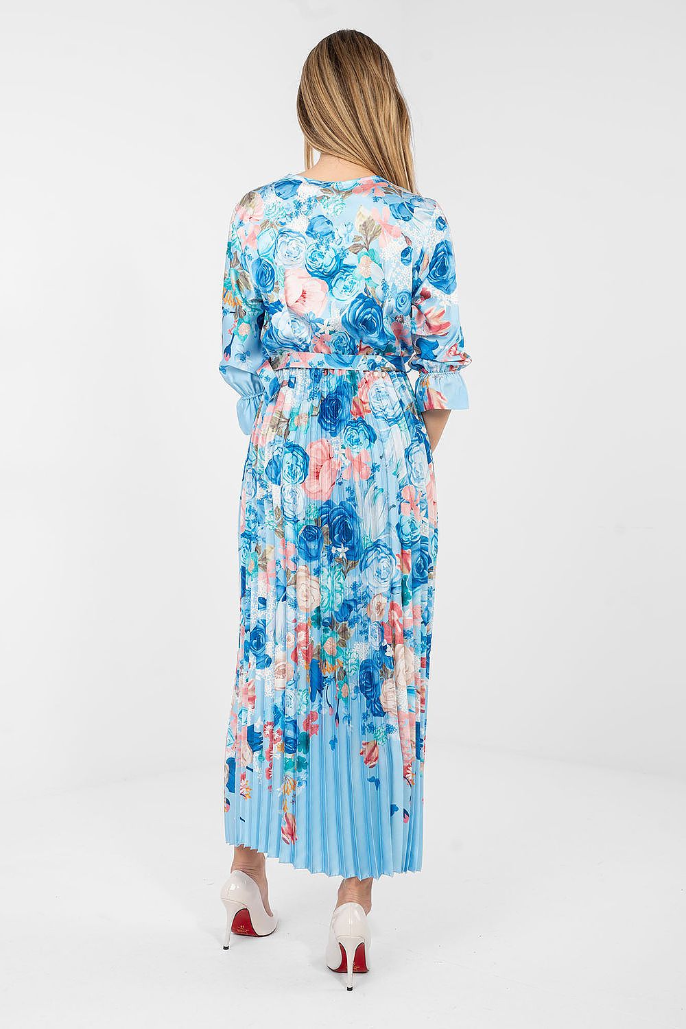 blue pleated wrap day dress detail view