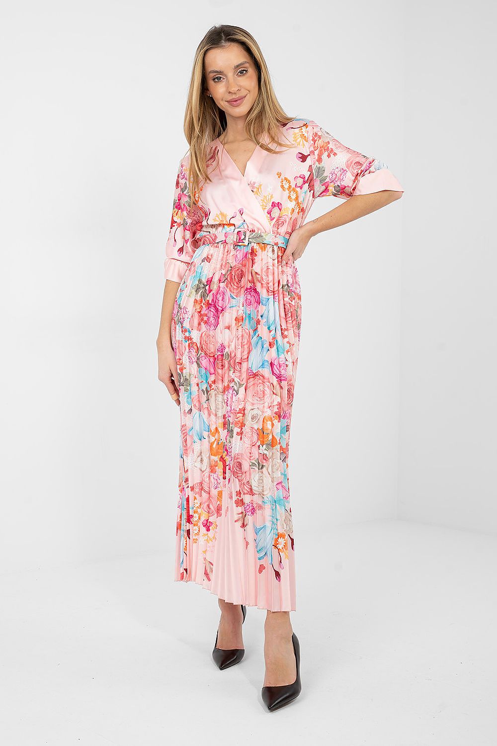 blue pleated wrap day dress back view