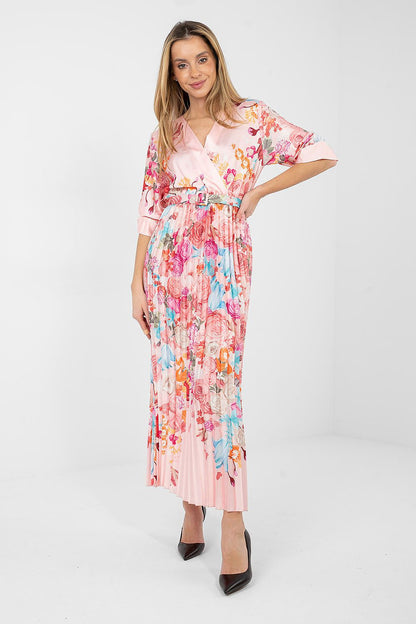 blue pleated wrap day dress back view