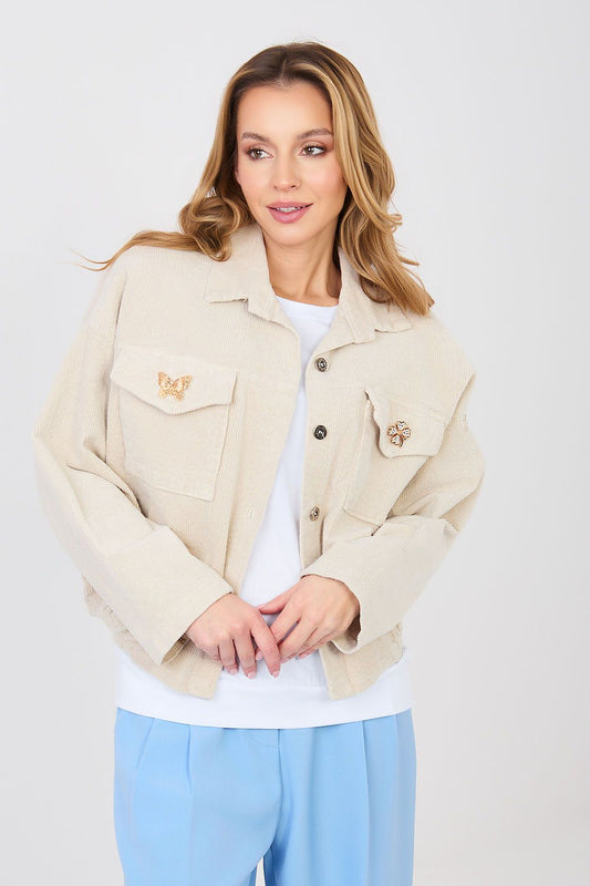beige long sleeve corduroy jacket front view