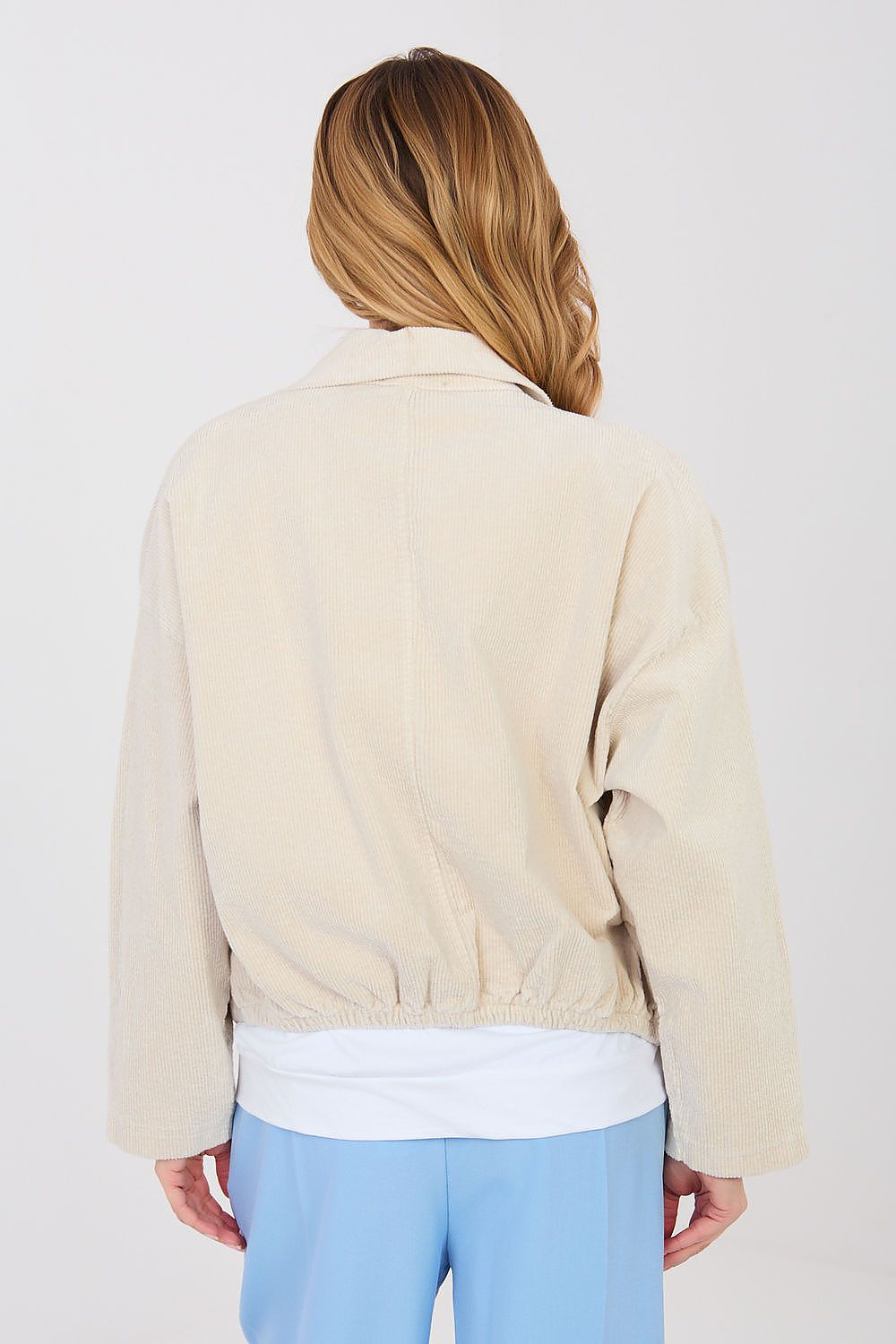 beige long sleeve corduroy jacket detail view