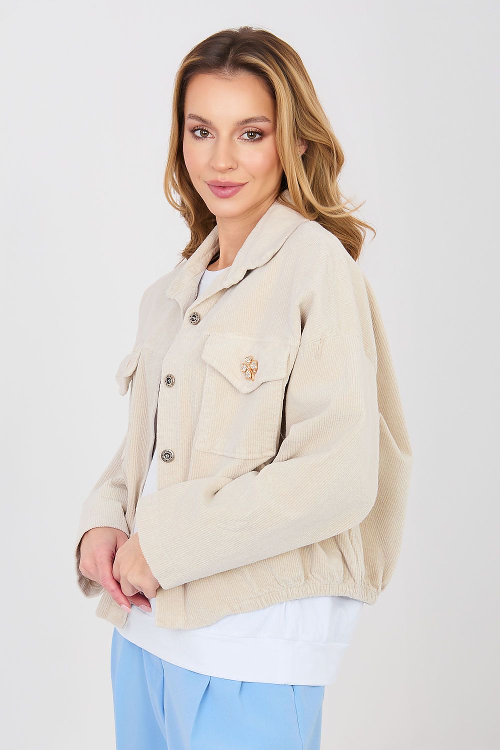 beige long sleeve corduroy jacket back view