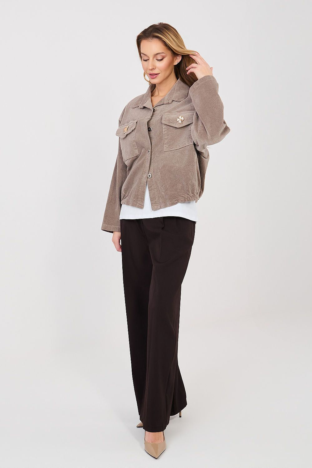 beige long sleeve corduroy jacket side view