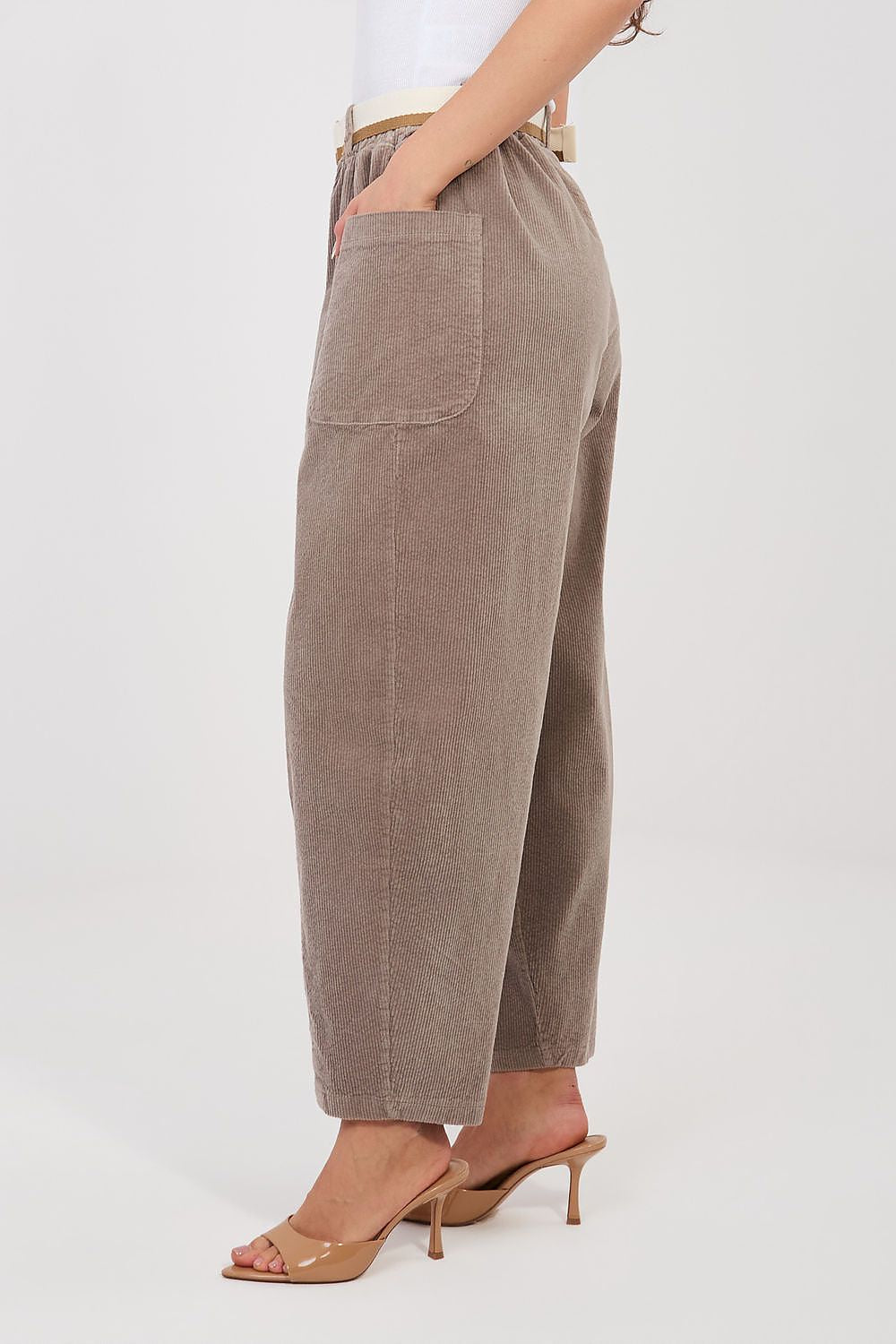 yellow belted corduroy trousers back view