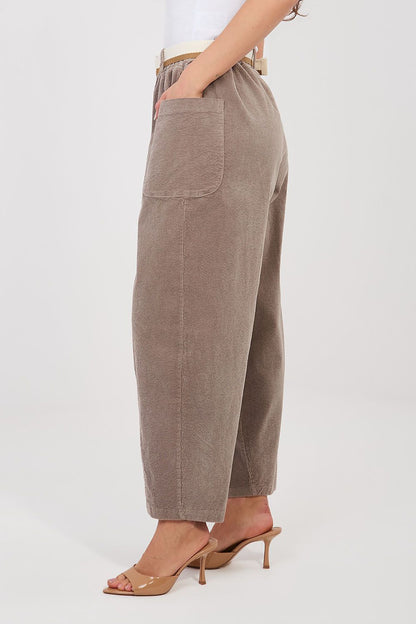 yellow belted corduroy trousers back view