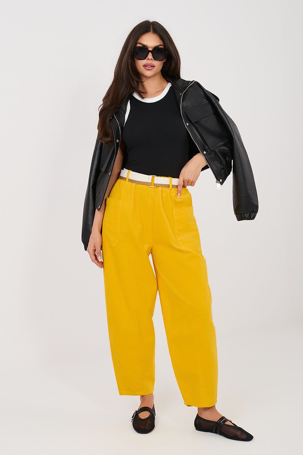 yellow belted corduroy trousers detail view