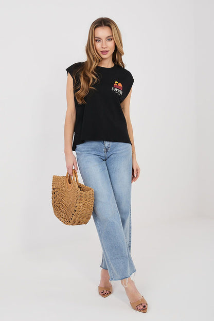 Women's Black, White, and Blue T-shirt front view