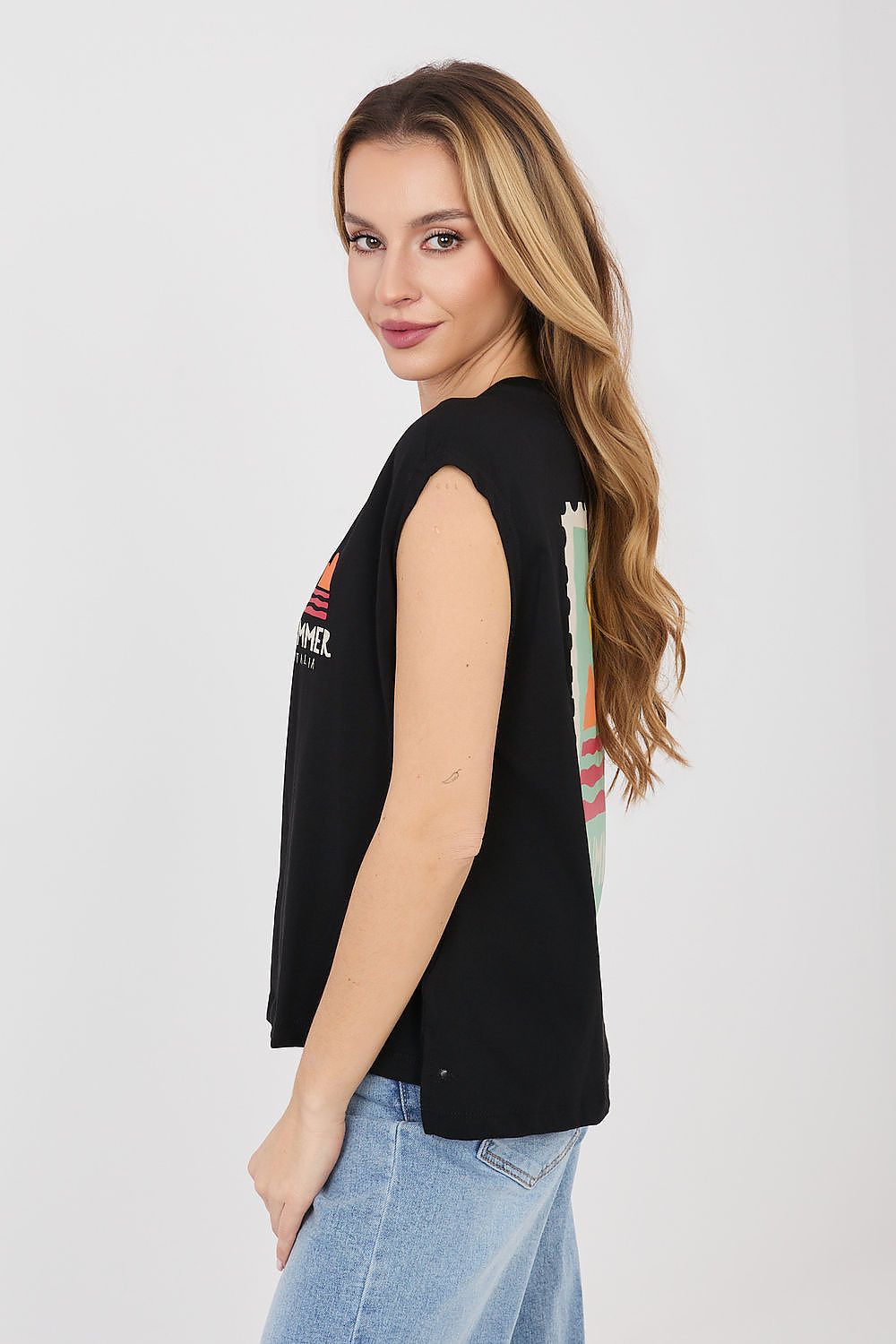 Women's Black, White, and Blue T-shirt side view