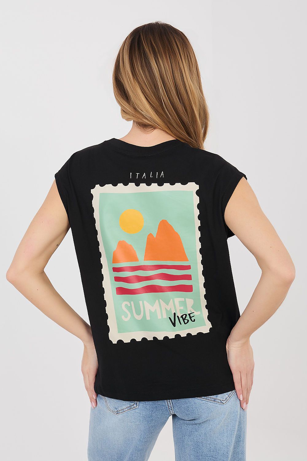 Women's Black, White, and Blue T-shirt detail view