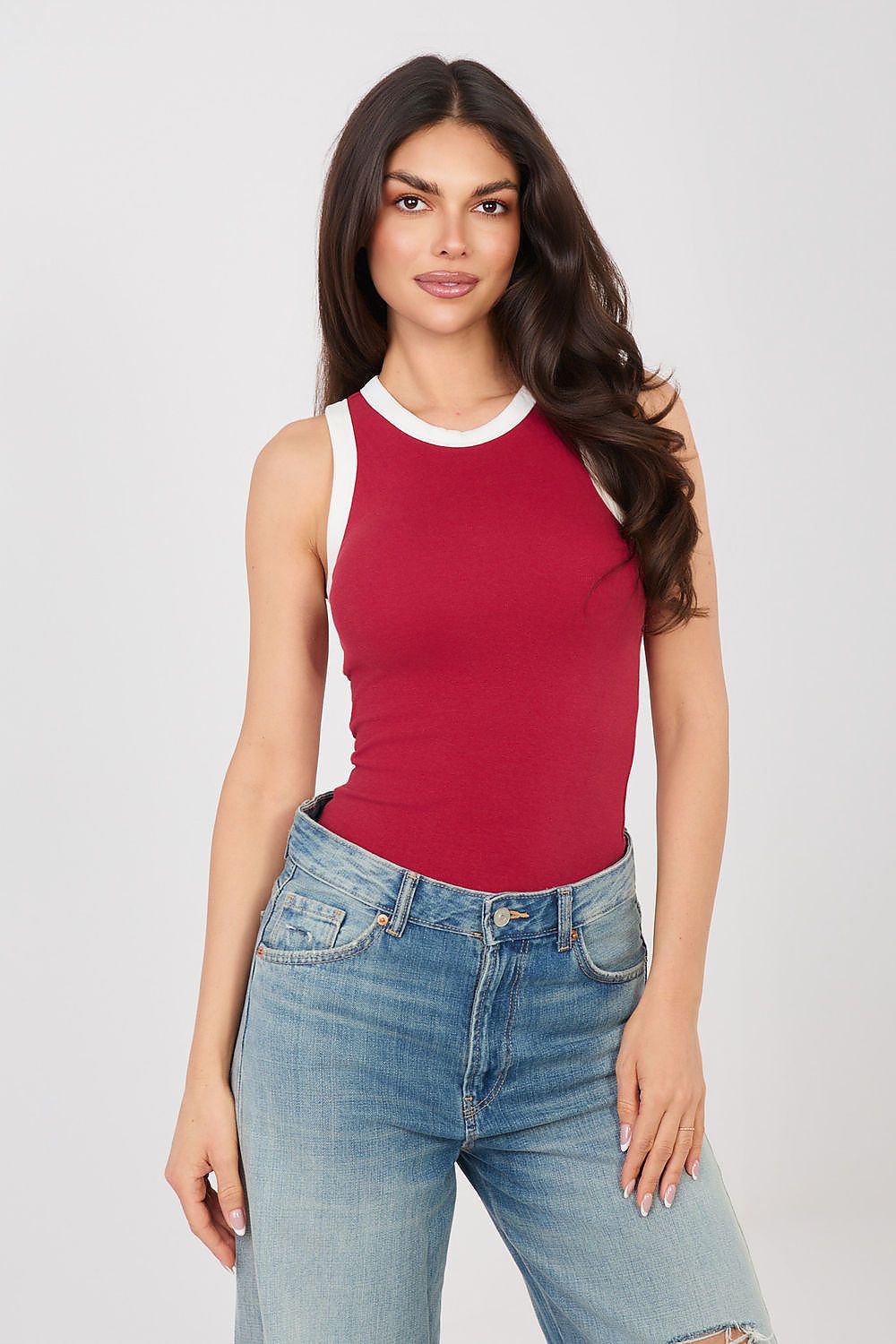 Women's Black, Red, and White Easy-fit Elastic Detail Top view 5
