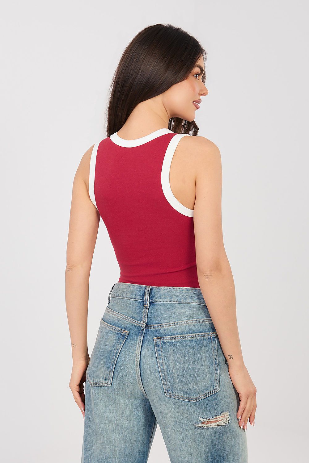 Women's Black, Red, and White Easy-fit Elastic Detail Top view 7