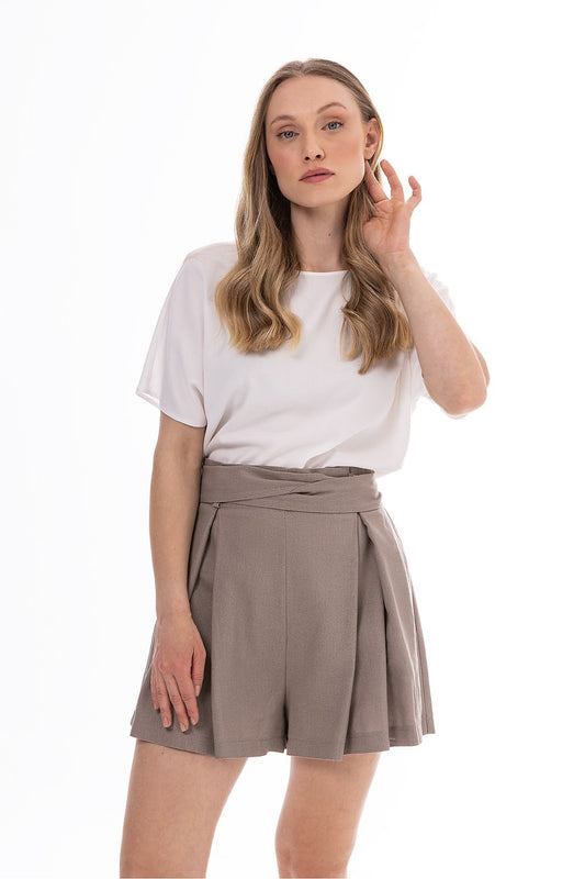 beige belted mini shorts front view