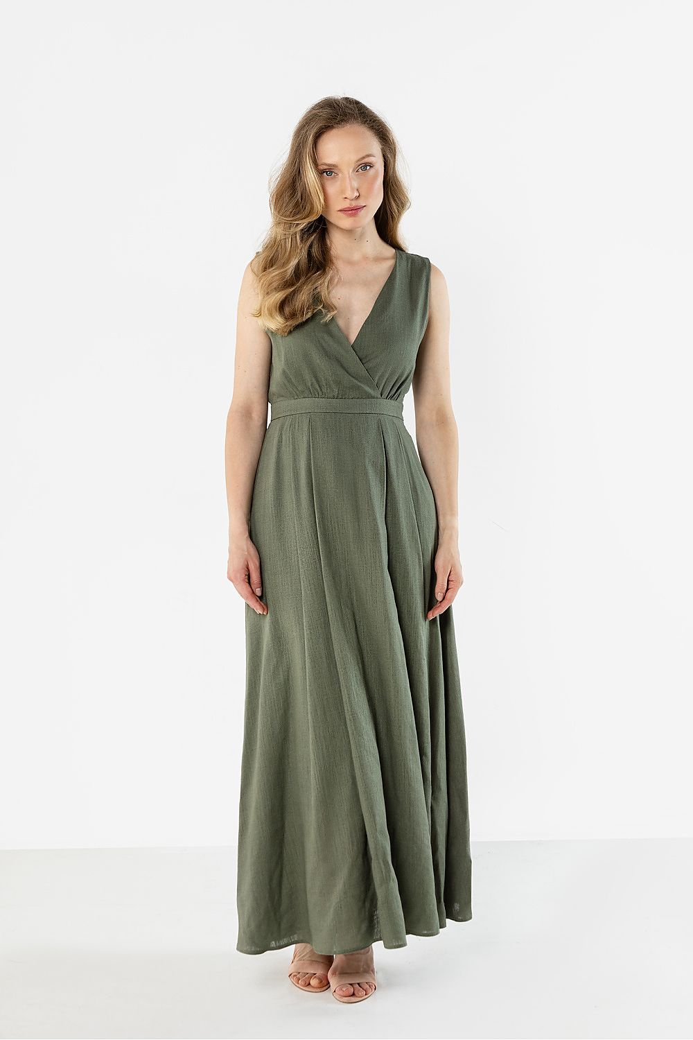 green wrap flared day dress front view