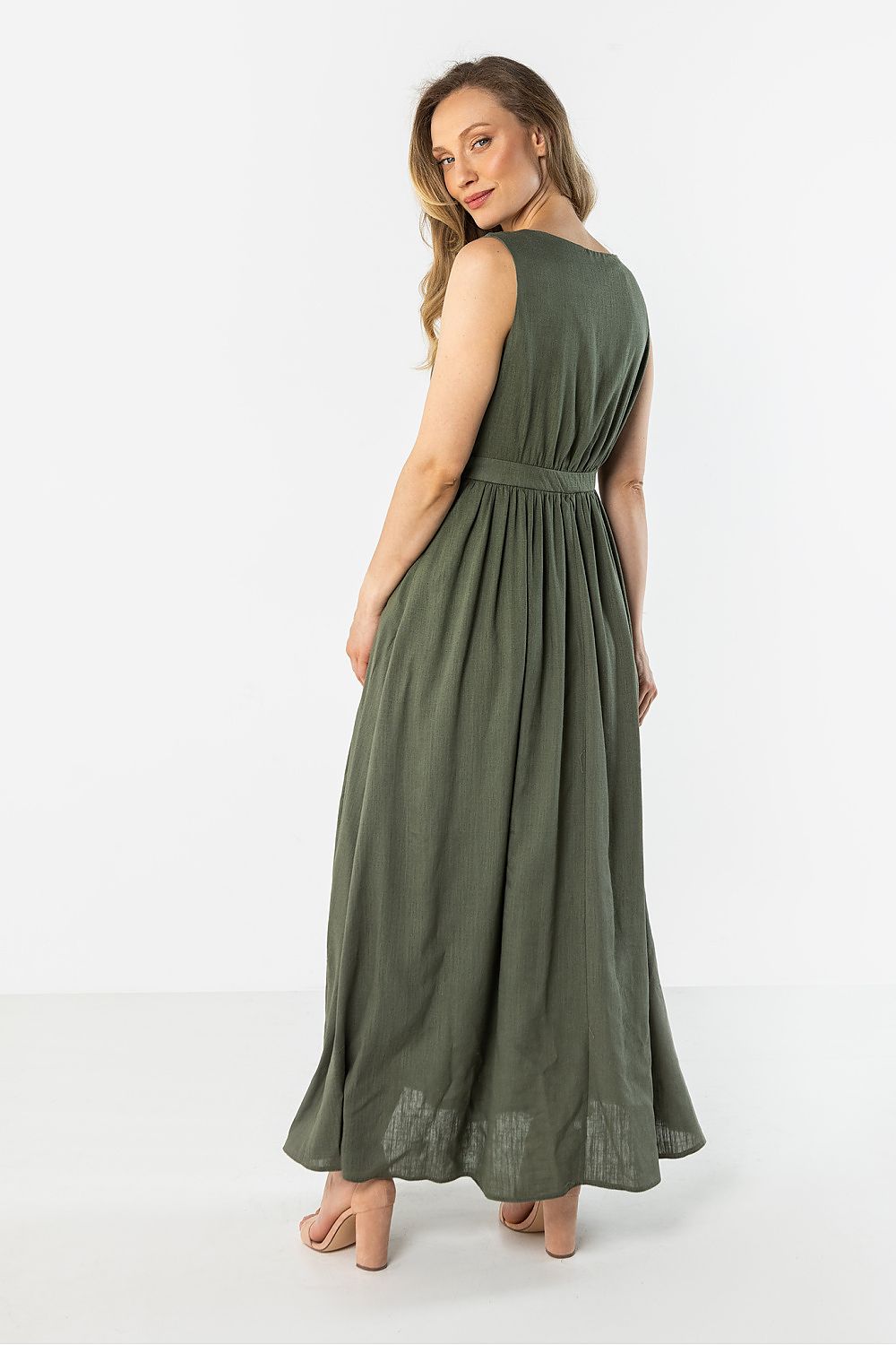 green wrap flared day dress detail view