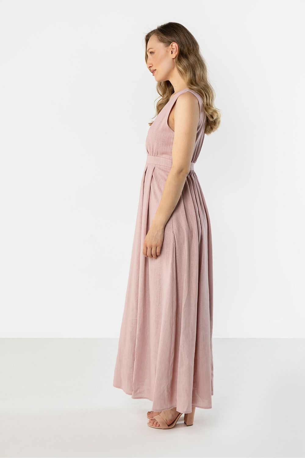 green wrap flared day dress side view