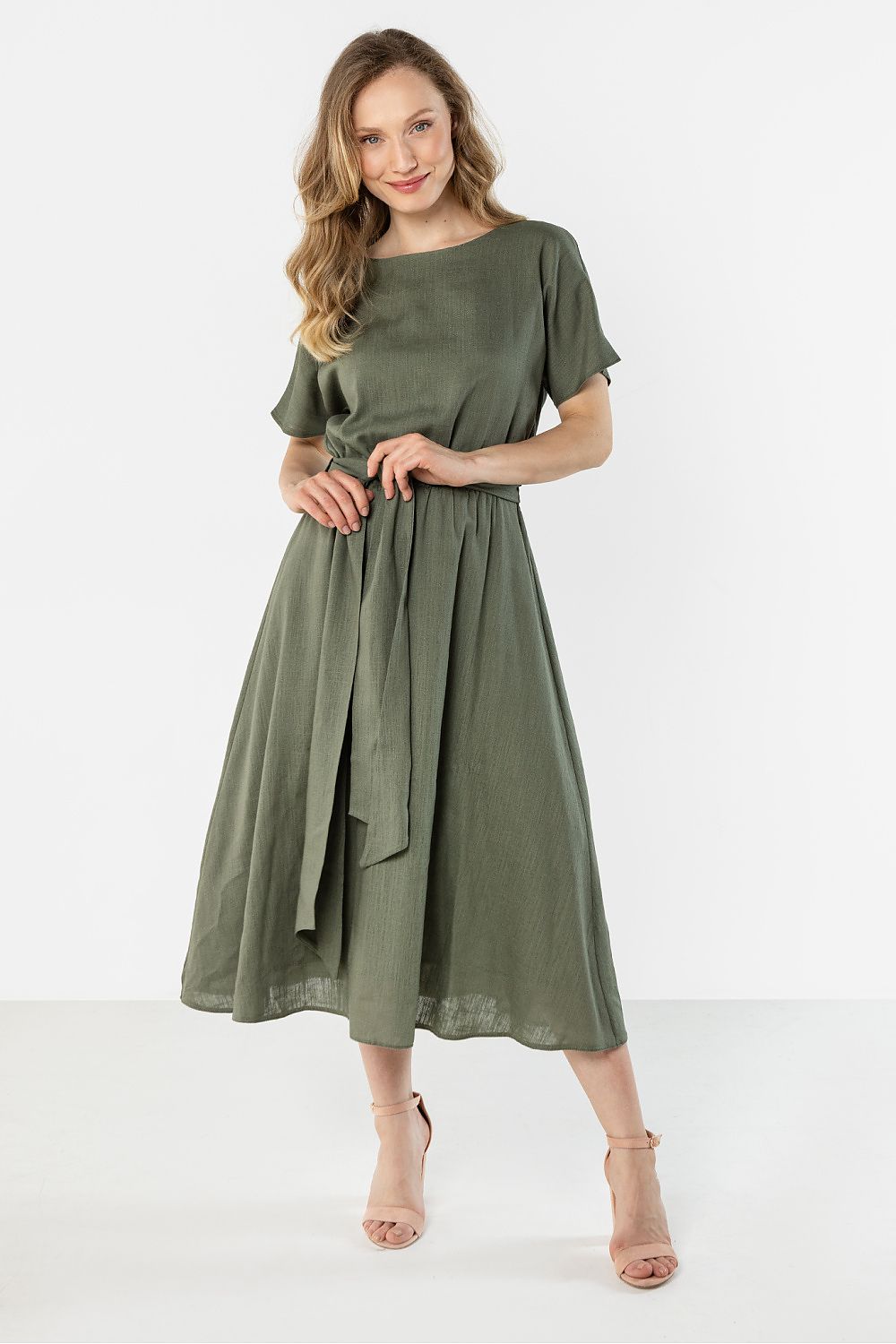 green flared short sleeve day dress front view