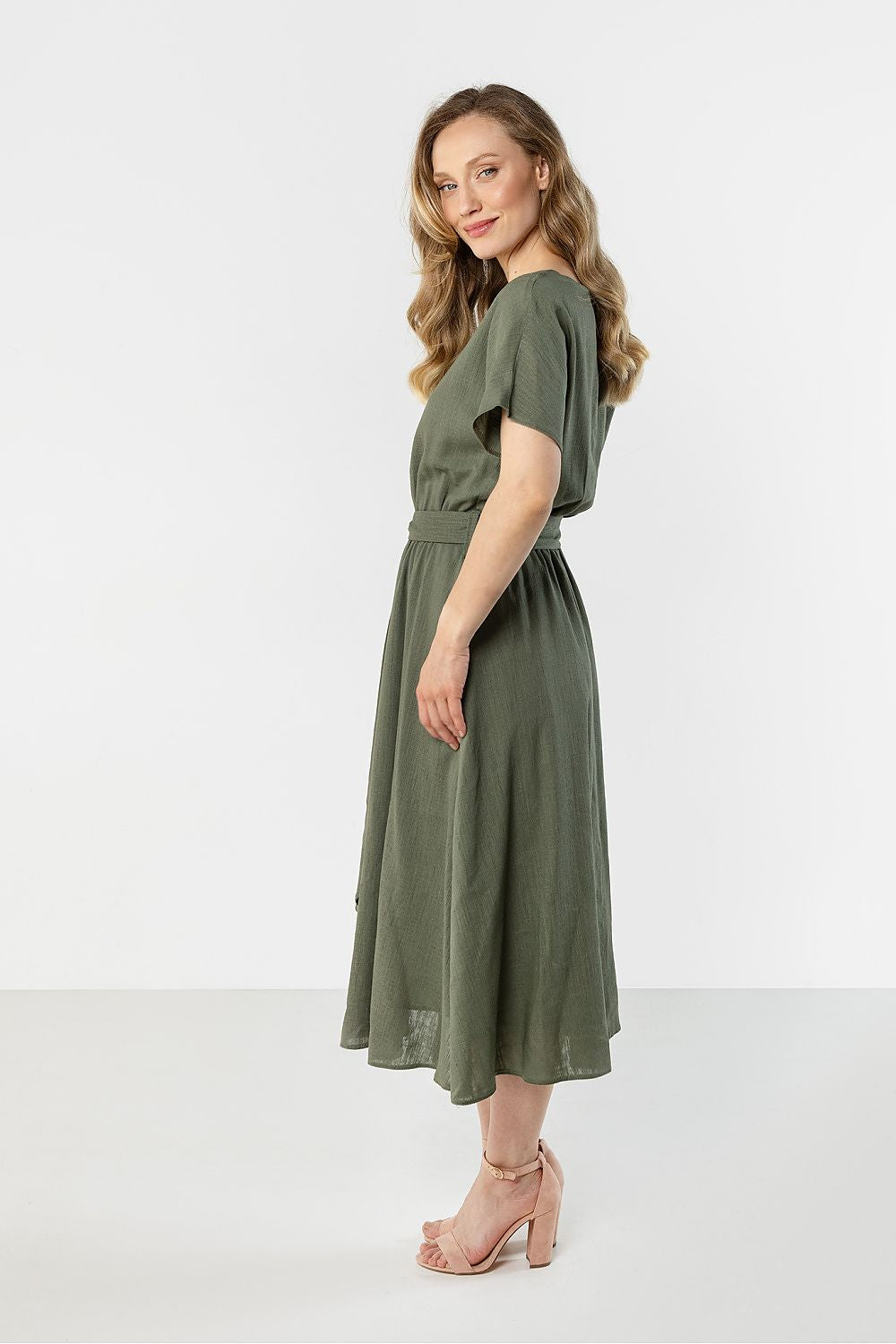 green flared short sleeve day dress alternate angle