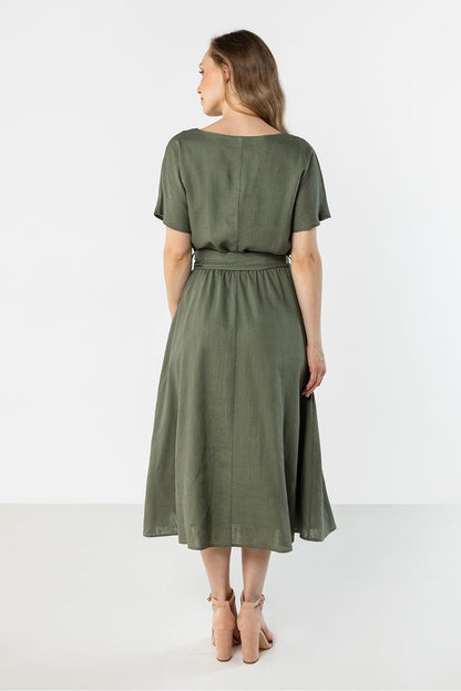 green flared short sleeve day dress detail view
