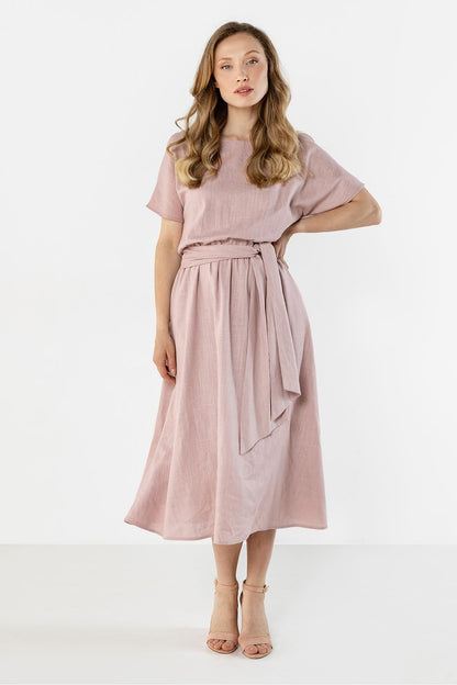 green flared short sleeve day dress back view