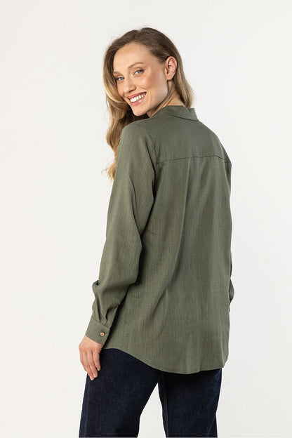 green long sleeve long sleeve shirt detail view