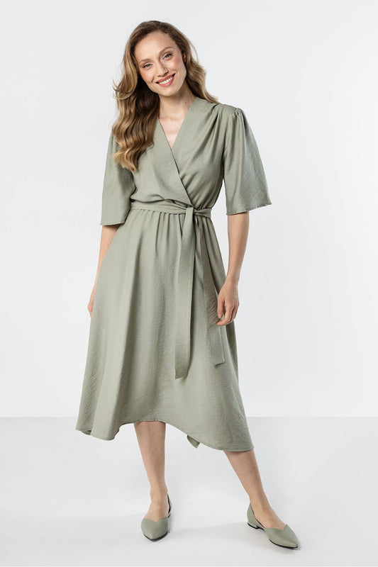 green wrap flared day dress front view