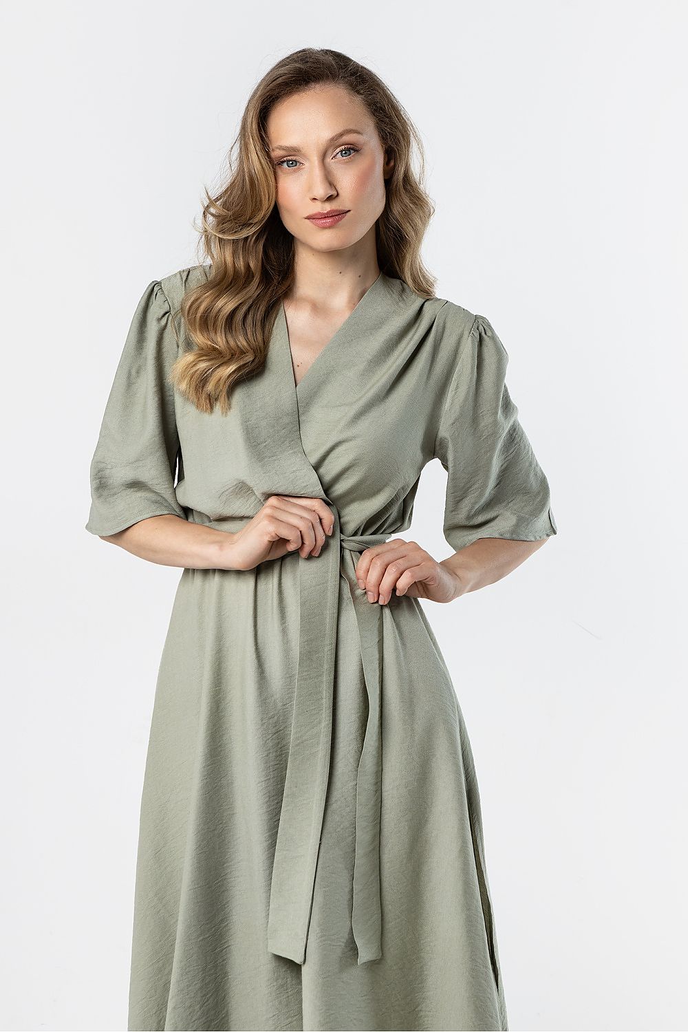 green wrap flared day dress alternate angle