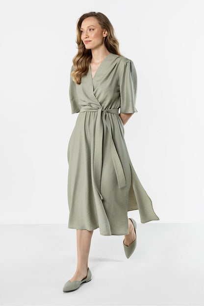 green wrap flared day dress detail view