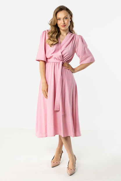 green wrap flared day dress back view