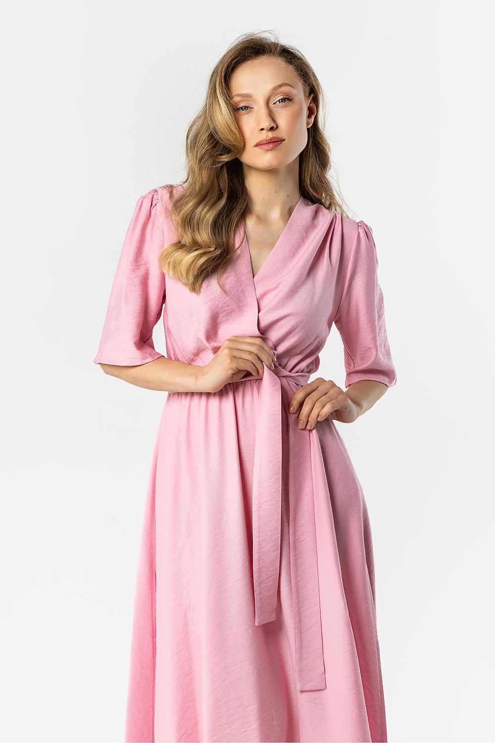 green wrap flared day dress side view
